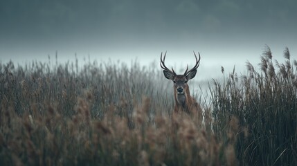 A majestic deer, with impressive antlers, standing amidst tall reeds in a misty, natural setting