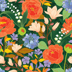 Raster illustration. A lush floral pattern with overgrown foliage featuring earth color palette peonies, hydrangeas, magnolias, lily of the valley and periwinkle blooms on a rich green leafy backdrop.