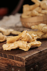 Handmade Tofu Skin Rolls Bean Curd Knots Traditional Asian Food Ingredients Wooden Board