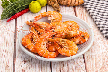 Tasty hot big boiled prawns