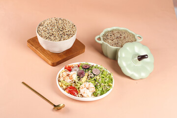 Tricolor Quinoa Grains and Mixed Grain Salad Bowl Healthy Food Composition Farmhouse Style