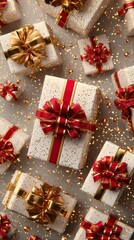 Image of several gift boxes with white paper and gold and red bows, glitter around the boxes and a white background.