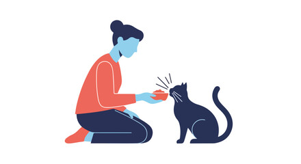 Whimsical illustration showcasing a woman feeding her contented pet feline in a moment of domestic tranquility and affection between owner and