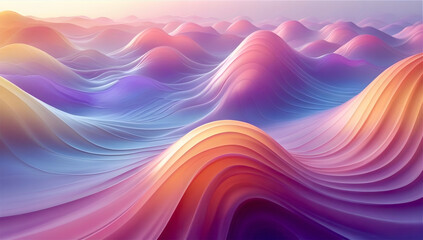 Fototapeta premium Abstract artwork featuring a minimalist mountain landscape with flowing forms. The scene is composed of soft, undulating waves, resembling hills or dunes, colored in pastel hues of pink, purple, blue,