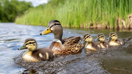 Mother Duck with Ducklings Swimming in a Serene Freshwater Environment