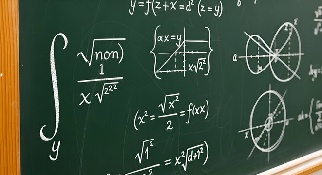 Complex mathematical equations and geometric figures expertly drawn on a vibrant green chalkboard for academic learning and scientific research - Powered by Adobe