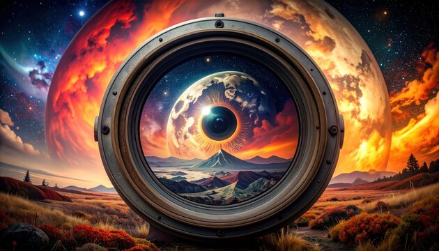 Surreal vision of a cosmic landscape through a porthole, with vibrant planets and an alien landscape