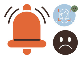 Orange alert bell with vibration lines, face recognition element in a blue circle, and sad face icon. Ideal for security, notification, error, identity, detection warning feedback. Simple flat