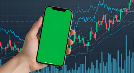 Investor uses smartphone green screen to analyze dynamic stock market charts with real time trading data and financial trends
