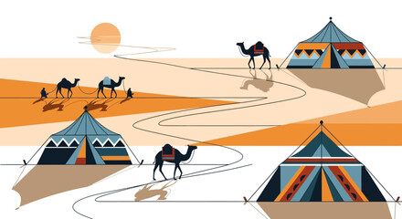 Obraz premium Desert Caravan - Camels and Tents in a Sandy Landscape.