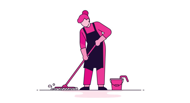 Dedicated cleaning lady wiping the floor with a mop and a bucket, cartoon vector illustration presenting cleanliness and order in a household
