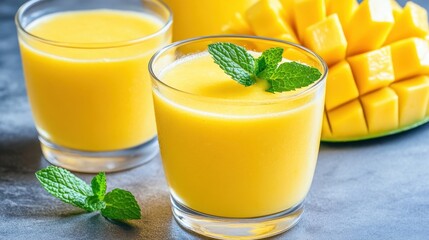 Refreshing Mango Smoothie with Mint Leaves and Chunks of Fruit