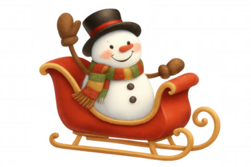 Snowman wearing hat and scarf riding in red sleigh waving hand, concept of winter holidays and festive season