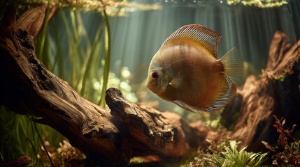 Fish in aquarium with driftwood