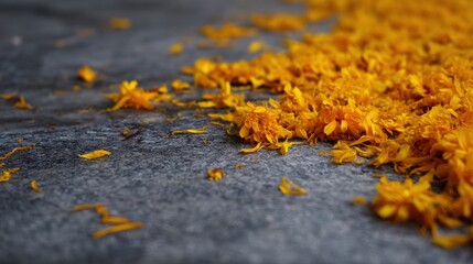 Close-up of a group of small yellow flowers scattered on a gray surface. the flowers appear to be marigold flowers, with their petals spread out in a scattered manner.