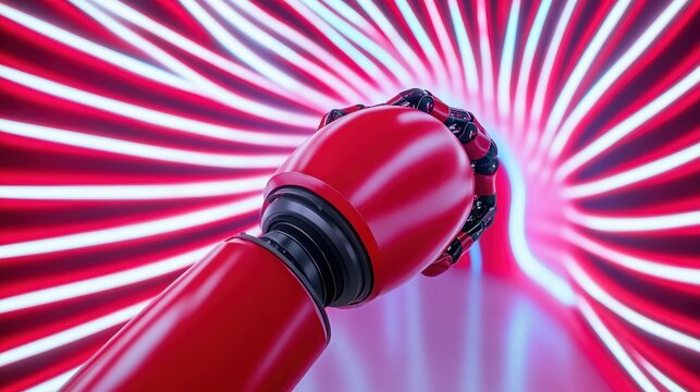 Futuristic robotic hand exploring neon light tunnel in vivid colors