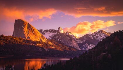 Majestic mountain range at sunset, casting golden light on snowy peaks, reflected in the still lake below with wispy clouds
