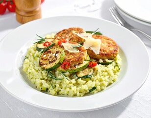Plate of risotto with patties and zucchini