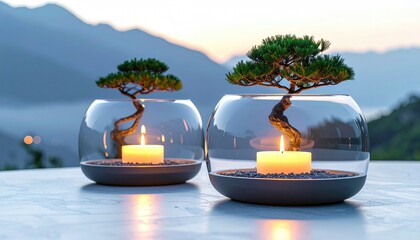 Two glass bowls, bonsai trees, and candles on a table, mountain backdrop