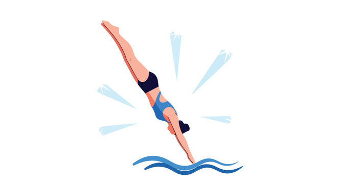 Dynamic aquatic action illustrating a woman gracefully diving, symbolizing recreation and athletic performance in a stylized water setting with