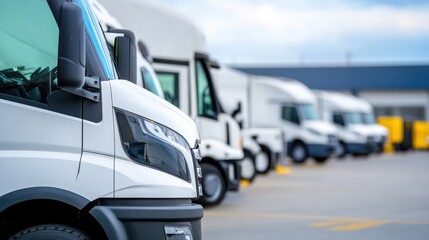 Fleet of White Delivery Trucks Parked in a Logistics Depot