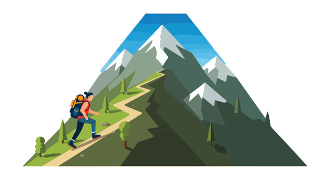 Conceptual mountain hiking adventure illustration showcasing a determined hiker ascending towards the snowy peak on a zigzagging trail symbolizing