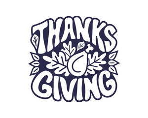Hand drawn Thanksgiving lettering vector illustration with turkey leg and autumn leaves