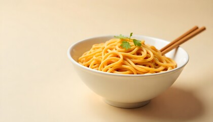 Bowl of Noodles with Chopsticks on Pale Beige Background, Asian Cuisine Art