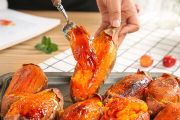 Sweet Potato Baking with Honey Jam Spread Kitchen Food Preparation