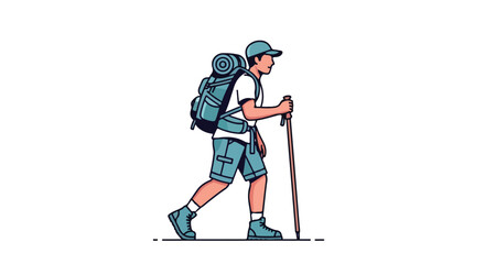 Obraz premium A lone hiker embarks on a journey, navigating trails with backpack and staff, seeking adventure and solace amid nature's beauty, drawn with a