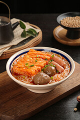 Spicy Tofu Skewers and Mushroom Noodle Soup in Traditional Asian Bowl