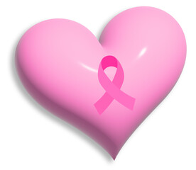 Pink ribbon on 3d pink heart shape. Breast cancer awareness.