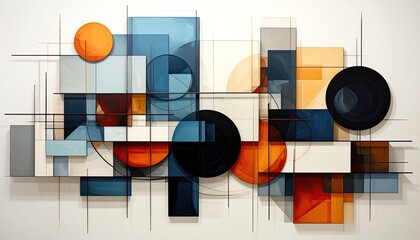 Abstract geometric composition of layered shapes, utilizing bold colors and intersecting lines