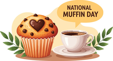 Delicious chocolate chip muffin with a heart, paired with a steaming cup of coffee for National Muffin Day celebration.