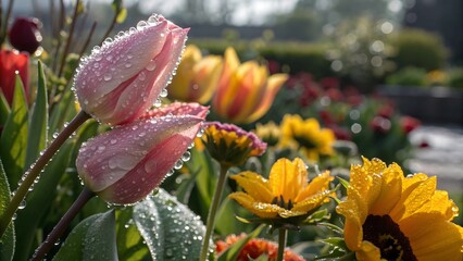 Rain-Kissed Tulips and Daisies in a Colorful Spring Garden


