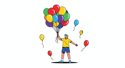 Boy holding aloft a colorful bunch of party balloons, joyous celebration illustration with floating balloon decorations and an uplifting festive