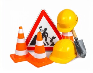 Сonstruction site with a Road Work Ahead sign, traffic cones, hard hat, shovel against a white background.