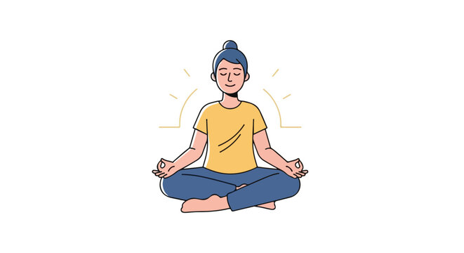 Woman in lotus position, radiating serenity in minimalist vector illustration, promoting mindfulness and relaxation practices for wellness