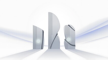 Futuristic abstract sculptures glowing with soft light against a bright, expansive background.