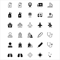 Healthcare icon set. Containing treatment, prevention, medical, health, diagnosis, report, illness, injury and more. Solid vector icons collection. 