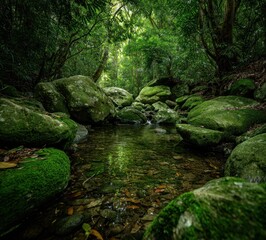 A moss-covered stream flows through a dense, lush forest, dappled with sunlight filtering through the thick canopy. The water reflects the green foliage