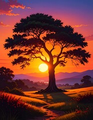 Sunset over a large tree