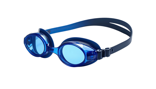 Bright blue swim goggles, clear lenses, adjustable strap