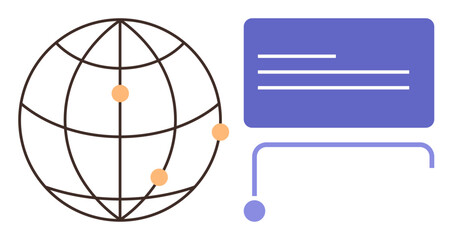 Globe with pinpoint nodes connected to a digital screen, illustrating worldwide data sharing, collaboration, and communication. Ideal for networking, technology, education, global trade, innovation