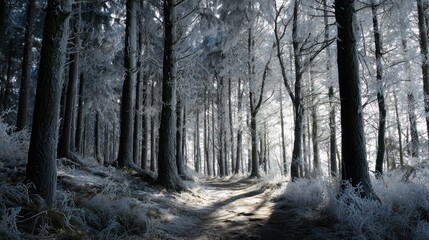 Snowy forest path cuts through frosty trees, sunlight dappling the ground