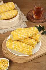 Yunnan Sweet Glutinous Corn Cobs Display with Tea - Fresh Asian Fruit Vegetable Food Photography
