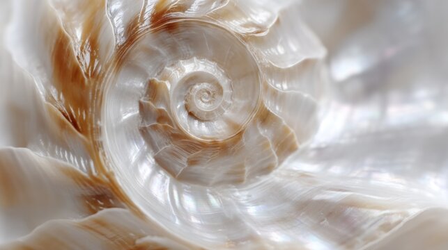 Close-up of a spiral shell. the shell is made up of multiple layers of different shades of white and brown, with the outermost layer being a light beige color and the innermost layer a darker beige.
