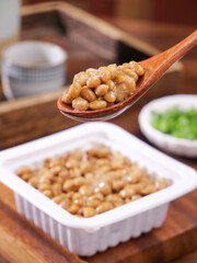Japanese Natto Fermented Soybeans with Wooden Spoon Traditional Healthy Food