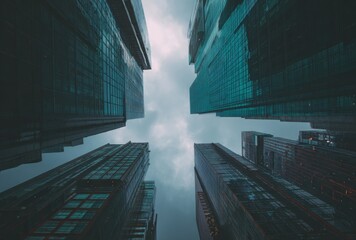 Skyscraper view upwards showing sleek, modern architecture under a cloudy sky, creating a sense of depth and verticality