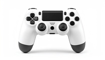 A white gamepad with black accents rests on a white background in a studio shot, exhibiting buttons and joysticks